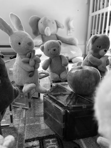 Photo noir et blanc peluches assises